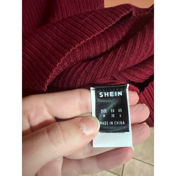 Shein M Burgundy Tie Waist Long Sleeve Scalloped Neckline Sweater Dress - Picture 5 of 6